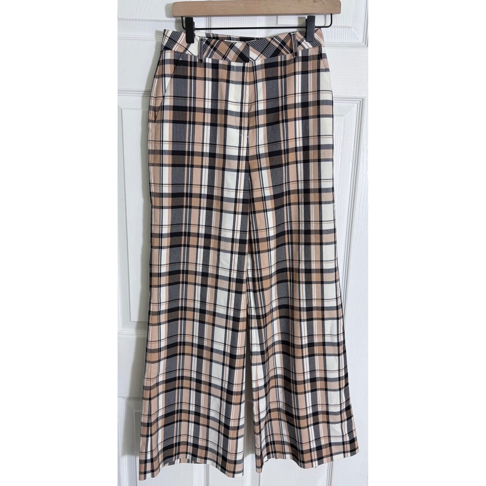 Maeve Plaid Flowy Wide Leg Trousers Size 4 Tan Black OB1862039